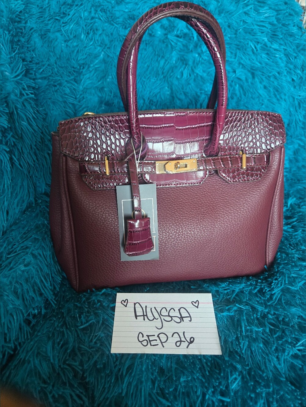 Elegance Pebbled Satchel in Deep Burgundy with Croc-Trim